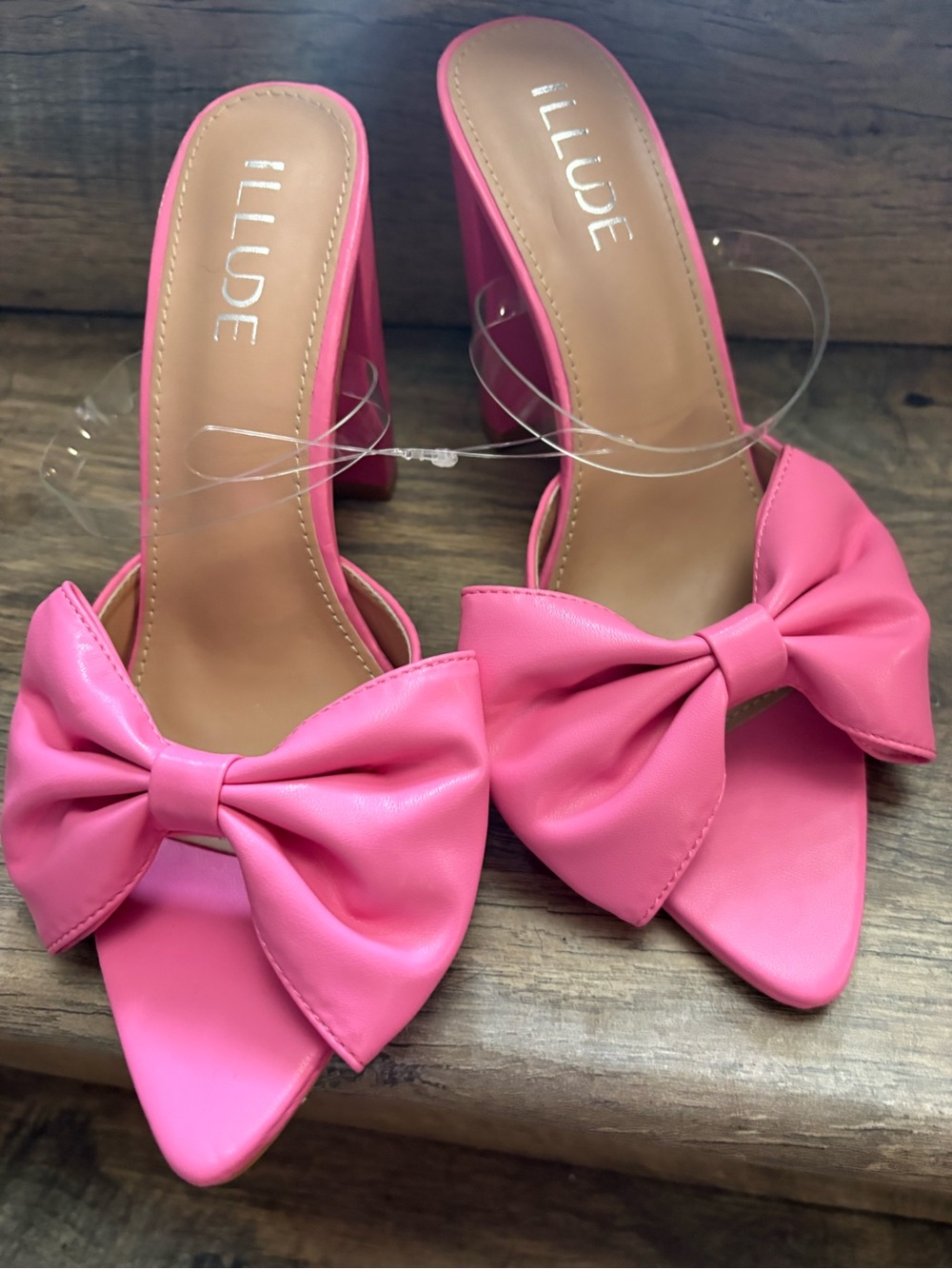 ILLUDE Pink Bow Pointed-Toe Block Heel Mules